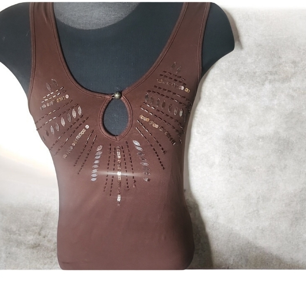 Brown Sleeveless Top with Sequin Detail